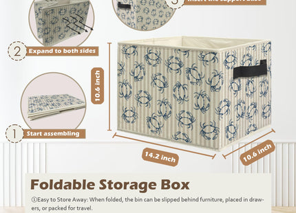 Ghoaoivo Coastal Beach Crab Storage Box Bins, Retro Blue Crab Nautical Ocean Striped Collapsible Storage Basket Organizer for Bedroom Laundry Room Home Clothes Books, Decor for Room