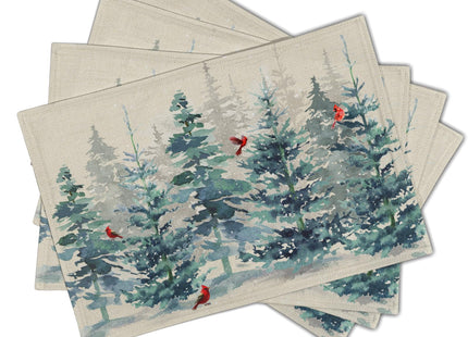 Winter Forest Tree Placemats Set of 4，Pine Tree Christmas Red Bird Heat Resistant Non Slip Place Mats Cotton Linen Tablemats for Dining Table Kitchen Decor 18 x 12 Inch