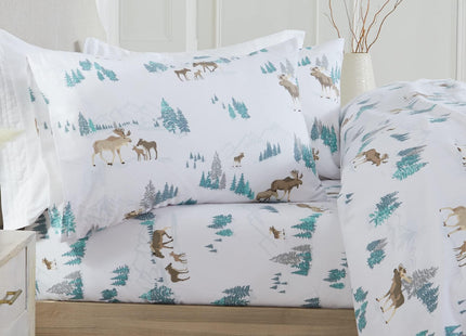 Market & Place 100% Turkish Cotton Flannel Sheet Set | 4 Piece Deep Pocket Novelty Cozy Winter Bed Sheets | Double Brushed for Extra Softness & Comfort | Alpine Collection (Queen, Moose)