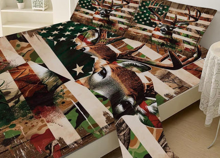 kxry Deer American Flag Fitted Sheet Set 4 Pieces Hunting Bedding Queen