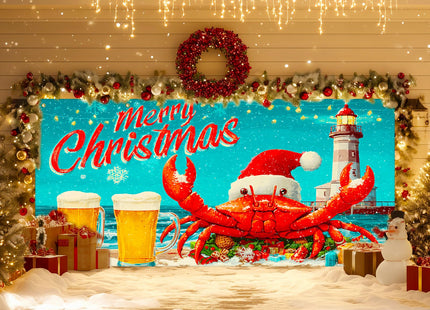 IVN Christmas Garage Door Banner 13x6 ft Merry Christmas Garage Door Cover Santa Crab Lighthouse Winter Coastal Home Door Front Yard Decor for Xmas Eve Holiday Outdoor