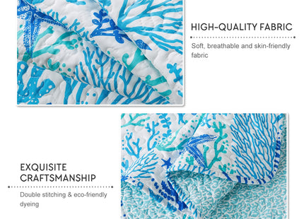 Travan Coastal Quilt Summer & All Season Lightweight Beach Quilt Bedding Set, Blue Coral Queen