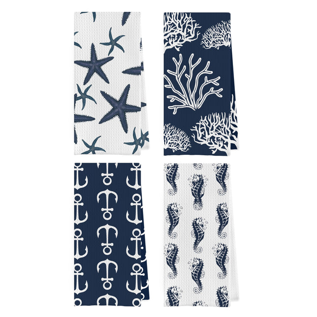 Geqtt Ocean Themed Dish Towels Set - Navy Coastal Nautical Waffle Weave Kitchen Towels, Navy Blue Ocean Themed Hand Tea Towel, Coastal Bathroom Decor (16×24 Inches Set of 4)