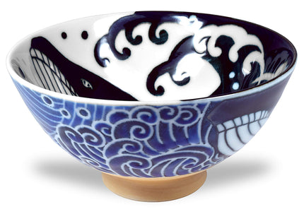 Mino Ware Japanese Rice Bowl, Rice Ramen Noodle Soup Sarada Pasta, Wave Whale Chawn, 4.6 inch 10oz