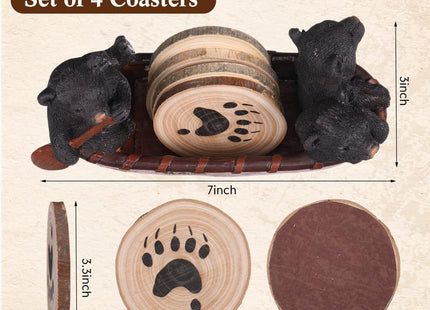 Briwooody 4 Pcs Black Bear Coaster Set with Canoe Holder, Wood for Home