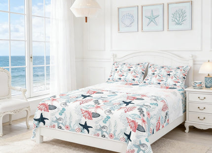 Ocean Beach Sheet Set Full Size,Seashell Conch Seahorse Starfish Coral Bed Sheet Sea Coastal Bedding Set for Kids Boys Girls Woman Room Decor Pink Blue White Fitted + Flat Sheet,2 Pillowcases