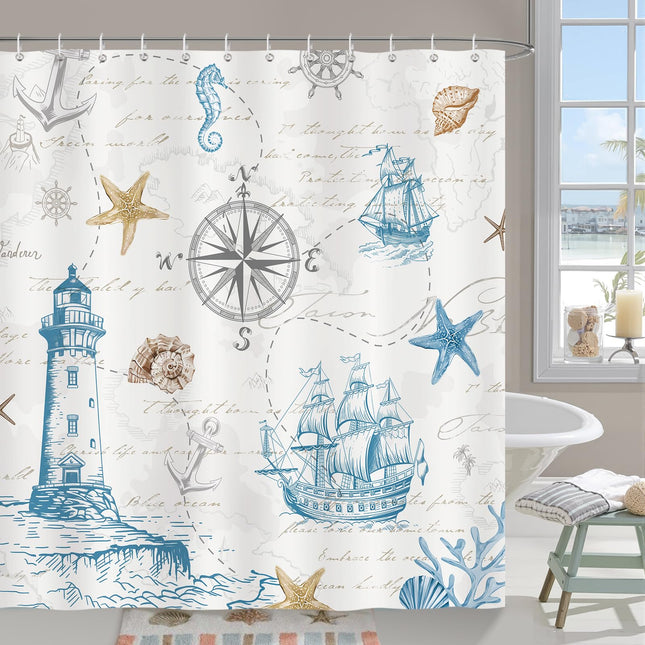 Bonhause Nautical Map Shower Curtain, Coastal Lighthouse Compass Sailboat Vintage Beach Bathroom Decor 72 x 72 Inch Polyester Fabric Waterproof Bath Curtain with 12 Hooks