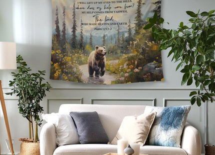 WAITPI Christian Woodland Mountain Hanging Wall Tapestry for Bedroom, Farmhouse Bear Forest Psalm 121:1-2 Bible Verse Scripture Wall Hanging Decor Tapestry for Home Living Room, 50x60in