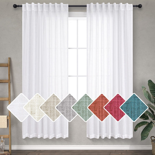 Solid White Curtains 63 Inch Length for Bedroom 2 Panels Back Tab Loop Pocket Cotton Look Soft Linen Semi Sheer Opaque Curtain for Living Room Dining Kitchen Cabin Casual Cottage Core Decor 52x63 Long