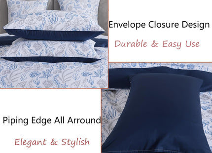 FADFAY Coastal Duvet Cover Set Queen 100% Cotton, 3 Piece Beach Themed Bedding, Cooling & Crisp Summer Comforter Cover, Navy Blue Nautical Seashell Print, Soft & Breathable with Hidden Zipper Closure