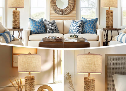 BOWOBO 27.5'' Tall Natural Rattan Table Lamps Set of 2, Hand - Woven Wicker Lamp with Linen Shade, Rustic Coastal Boho Style Table Lamps for Bedroom, Living Room, Home Decor