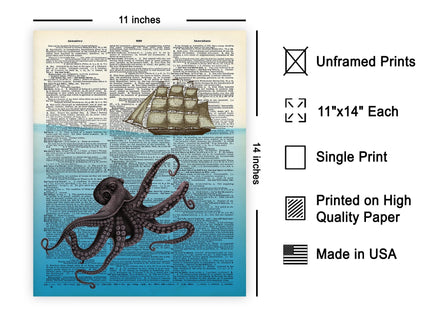 Poster Master Octopus and Ship Print - Kraken Poster - Dictionary Art - Gift for Men, Women - Deep Sea Art - Nautical Decor for Home, Ocean or Beach House - 11x14 UNFRAMED Wall Art