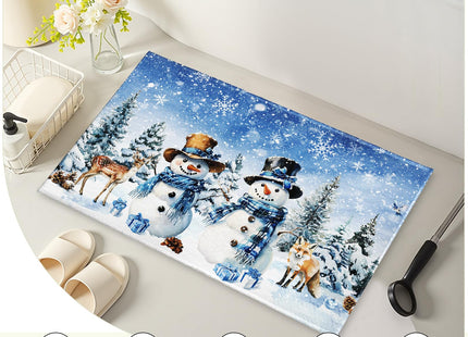 Evlaschin Blue Snowman Bath Rug Winter Forest Deer Fox Wildlife Bathroom Mats Xmas Pine Trees Snowflakes Presents Non-Slip Bathroom Rugs 32x20Inch for Shower Room Bathtub Kitchen Sink Decor