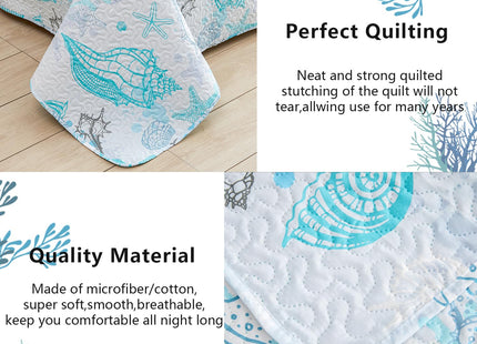 Hailea Beach Quilt Set King Size Coastal Bedding Lightweight Reversible Quilts Nautical Bedspreads Beach Theme Coverlet Set Conch Coral Shell Printed Comforter Set with 2 Pillow Shams
