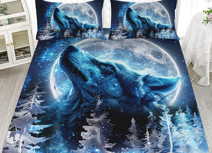 AILONEN Boys Wolf Fitted Sheet Set Full, Blue Starry Moon Bed Sheet for Kids Teen, Ice Howling Forest Printed Wildlife Soft Sheet With 2 Pillowcases, 3Pcs