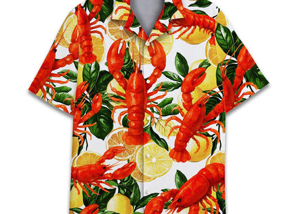 HPQ Lobster & Lemon Hawaiian Shirt for Men, Lobster Button Down Shirt, Summer Crawfish Short Sleeve Shirt Seafood Lover Gift