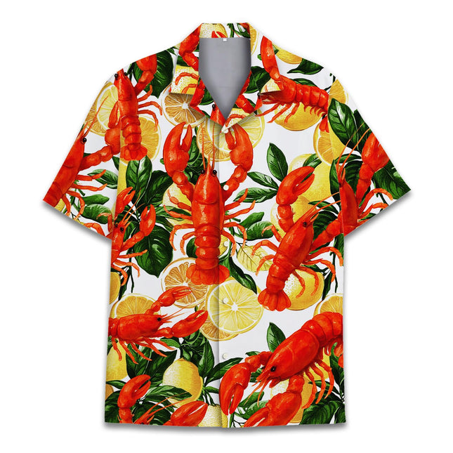 HPQ Lobster & Lemon Hawaiian Shirt for Men, Lobster Button Down Shirt, Summer Crawfish Short Sleeve Shirt Seafood Lover Gift