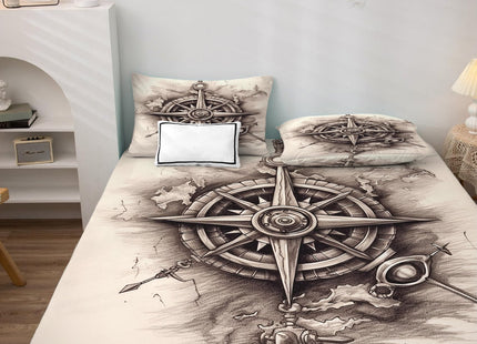 Compass Sheets Twin Sheet Set - Beige Nautical Bed Sheets, Soft Microfiber & Deep Pocket & Wrinkle Free Patterned Bedding Sheets & Pillowcases, 3 Piece ( 1 Fitted Sheet, 1 Flat Sheet, 1 Pillow Case )