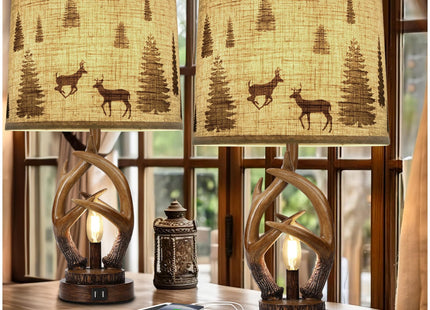 Scenekoy Rustic Farmhouse Antlers Table Lamp Set of 2 with Night Light