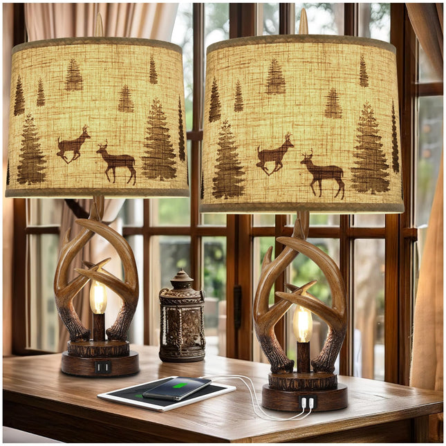 Scenekoy Rustic Farmhouse Antlers Table Lamp Set of 2 with Night Light