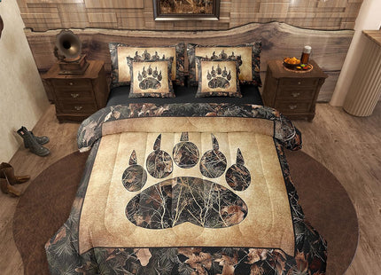 Erosebridal Rustic Farmhouse Bedding Sets Twin 7 Piece Camo Bear Paw Comforter Set Woodland Hunting Camouflage Animal Bed in A Bag for Kids Boys Men,Retro Cabin Wildlife Sheet Set with Comforter