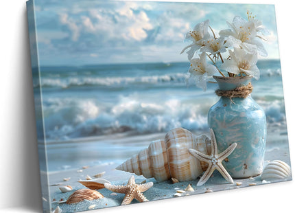 Blue Ocean Beach Bathroom Canvas Wall Art Starfish with White Flower Coastal Picture Wall Decor Seascape Poster Seaside Seashell Painting Print Artwork for Living Room Bedroom Restroom, Framed