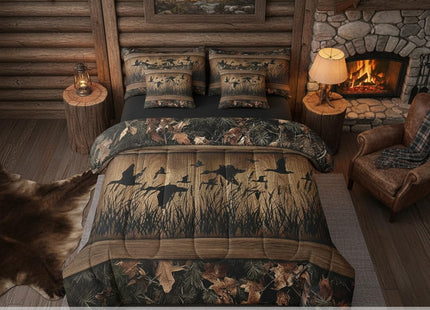 Erosebridal 7 Piece Camo Mallard Duck Comforter Set with Sheets for Kids Boys Men Rustic Farmhouse Cabin Bed in A Bag Queen,Hunting Woodland Duck Bedding Set Country Wood Board Animal Bed Set