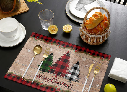Artwork Store Merry Christmas Placemats Set of 4,Cotton Linen Table Mats Non-Slip Washable Buffalo Plaid Farm Xmas Tree Snowflake Pine Tree Placemat for Holiday Party Dining Kitchen Table Decor