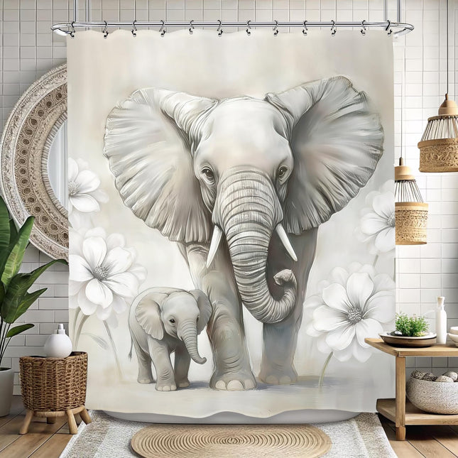 Kalmico Cute Elephant Shower Curtain 60Wx72L Inch Sea Monsters Lighthouse Tentacles Ocean Adventure Bathroom Set Accessories Decor with 12 Pack Hooks