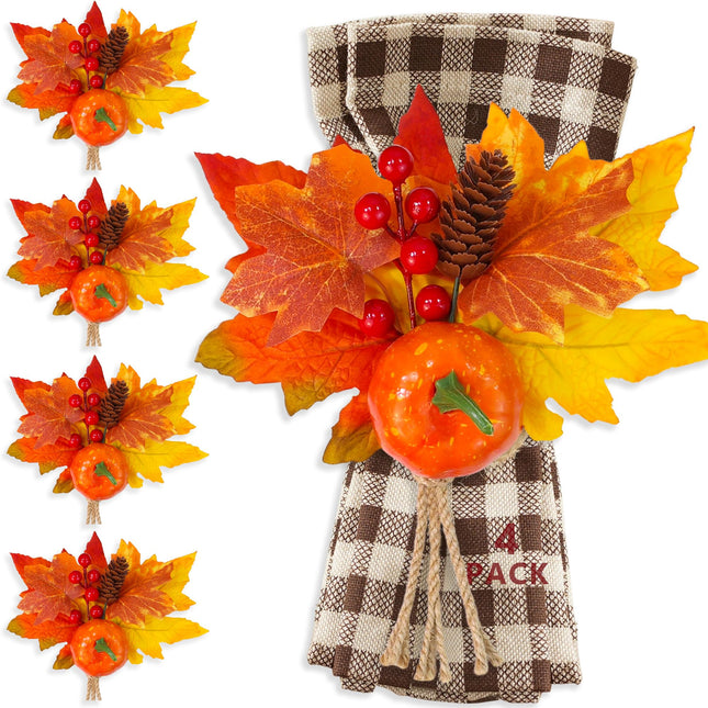 4PCS Fall Napkin Rings Pumpkin Napkin Rings Holder Maple Leaves Table Decor