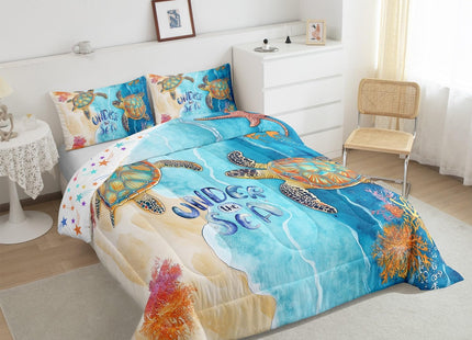Sea Turtle Comforter Set Twin for Boys Girls Ocean Theme Bedding, Blue Marble Bedding Comforter Sets Kids Teens Sea Animal Sea Horse Crab Starfish Duvet Insert Navigation Theme Quilt 2 Pcs