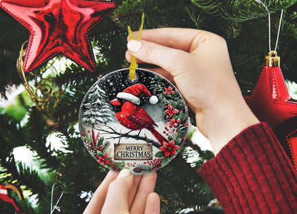 Welshower Merry Christmas Winter Cardinal Ornaments, Red Cardinal Christmas Decorations, Snowy Winter Poinsettia Bird Xmas Tree Ceramic Decorative Hanging Ornaments