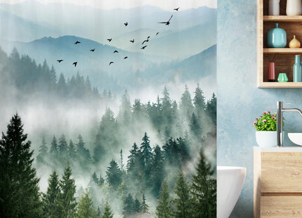 Green Rustic Mountain Scenery Pine Tree Bathroom Shower Curtain Set