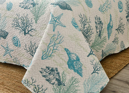 Junsey 3Pcs Ocean Theme Quilts Set Full/Queen Size Lightweight Coastal Bedding Beach Theme Bedspread Coverlet All Season Nautical Bed Sheet with 2 Pillowshams(Light Blue, Full/Queen)