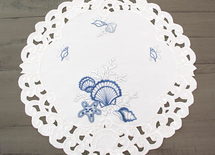 Embroidered Blue Seashell Beach on White Round Doily, Placemat (15 Inch Round)