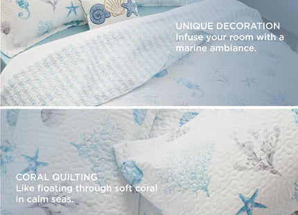 Bedsure Coastal Quilt Bedding - Queen Size Reversible Summer Beach Quilt Bedding, Lightweight Ocean Bedspread, Coral Parttern Coverlet for All Seasons (90"x96")