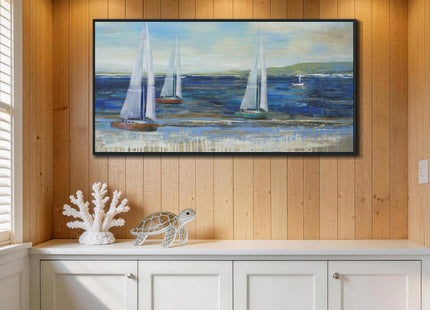 Acocifi Framed Nautical Sailboat Canvas Wall Art 48"x24", Blue Ocean Picture Print, Textured Impressionistic style Painting Large Artwork for Living Room Bedroom Dining Room Office Home Decor