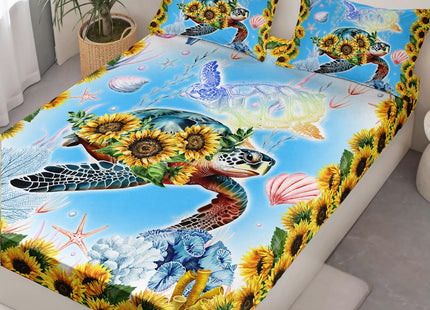 HOSIMA Sunflower Print Sea Turtle Fitted Sheet Set,Coastal Beach Sea Animal Theme Full Size Bedding Sets for Girls Teens Women Bedroom Decor,1 Fitted Sheet+2 Pillowcases.