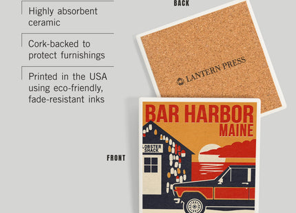 Lantern Press Bar Harbor, Maine, Woodblock (Absorbent Ceramic Coaster, Single, Cork Back, Kitchen Table Decor)