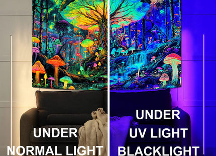 Kanuyee Blacklight Giant Mushroom Tree Forest Tapestry, UV Reactive Fantasy Wonderland Wall Art for Room Decor, Luminous Nature Home Decor 60L x 44W