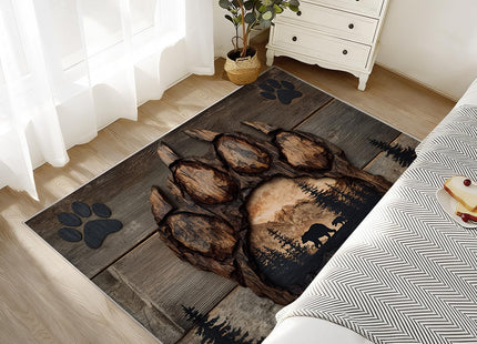 Bear Paw Print Area Rug, Rustic Wildlife Bear Rugs, Wood Grain Forest Hunting Print Rug, Cabin Lodge Wild Animal Carpet for Living Room Washable Anti-Slip Carpet