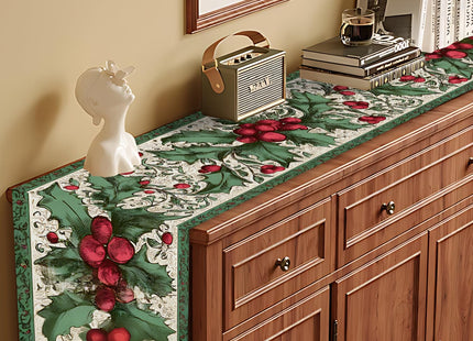 Christmas Table Runners and Placemats Set of 6, Holly & Berries Design, Green & Red, Perfect for Holiday Dining, 7-Piece Christmas Table Decoration