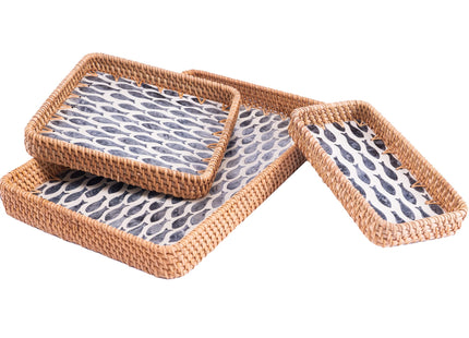 BROWNLILY Rattan Tray 3 Pcs with Mother of Pearl Inlay, Decorative Wicker Serving Tray for Bread Fruit Tea with Wooden Base, Boho Coastal Home Decor Baskets for Counter Decor & Organization (Fish)