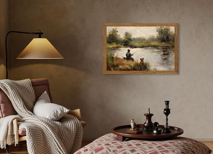 Wojuin Vintage Landscape Boy and Dog Fishing Canvas Wall Art 16x24 inch