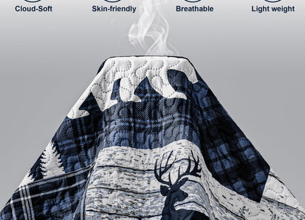 2 Piece Cabin Quilt Sets Twin Size Farmhouse Rustic Reversible Microfiber Soft Lightweight Bedspread Comforter with 1 Sham Patchwork Country Lodge Bedding Quilts Set for All Season, 68''x86'', Blue