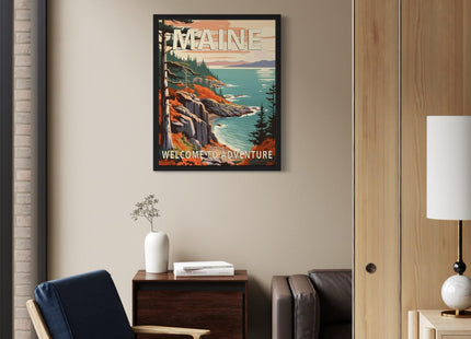 Maine State Scenery Unframed Poster Art Print, Retro States Landscape Wall art Decor, Adventure Mountain and Scenery Painting for Bedroom, Living Room 42 (Maine, 10"L x 8"W, Unframed)