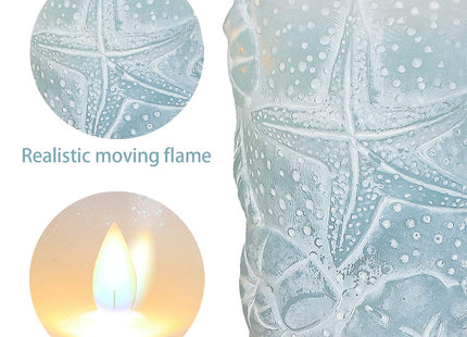 MELTONE Ocean Decor Fireplace Candles Remote: Shell Starfish Decals Real Wax LED Battery Operated Candles for Home Party Christmas Bedroom Nautical Room Decorations - Set of 3