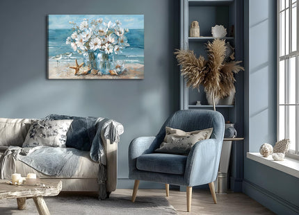 Blue Coastal Beach Bathroom Wall Art Seaside Seashell Starfish Painting Print Mason Jar White Daisies Canvas Picture Wall Decor Seascape Theme Flower Print Artwork for Living Room Bedroom 16x24"