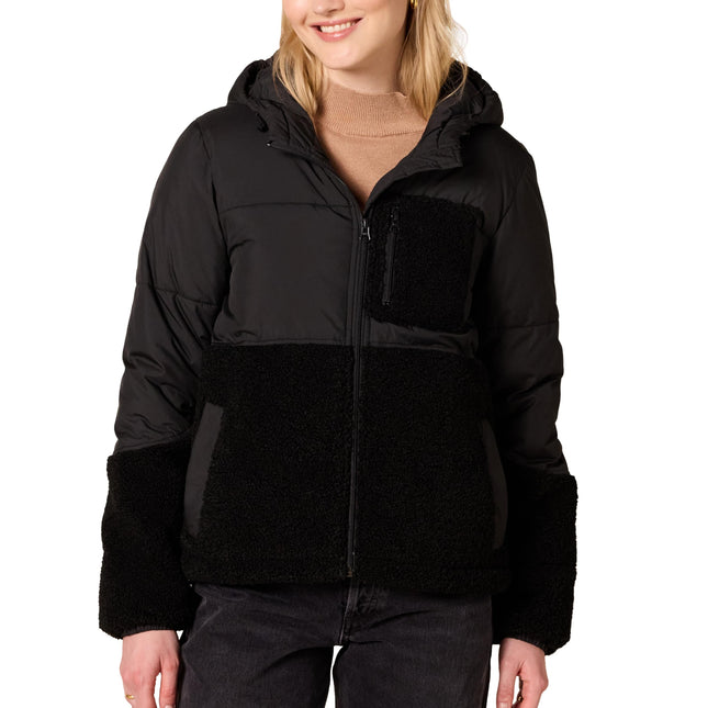 Amazon Essentials Women's Full-Zip Sherpa Fleece Hooded Puffer Jacket, Black, Large