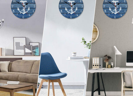 TAHEAT 14 Inch White Anchor Pattern Wall Clock, Non Ticking Silent Clocks, Nautical Retro Wooden Arabic Numeral Clocks, Easy to Read Wall Clocks for Kitchen/Living Room/Bedroom